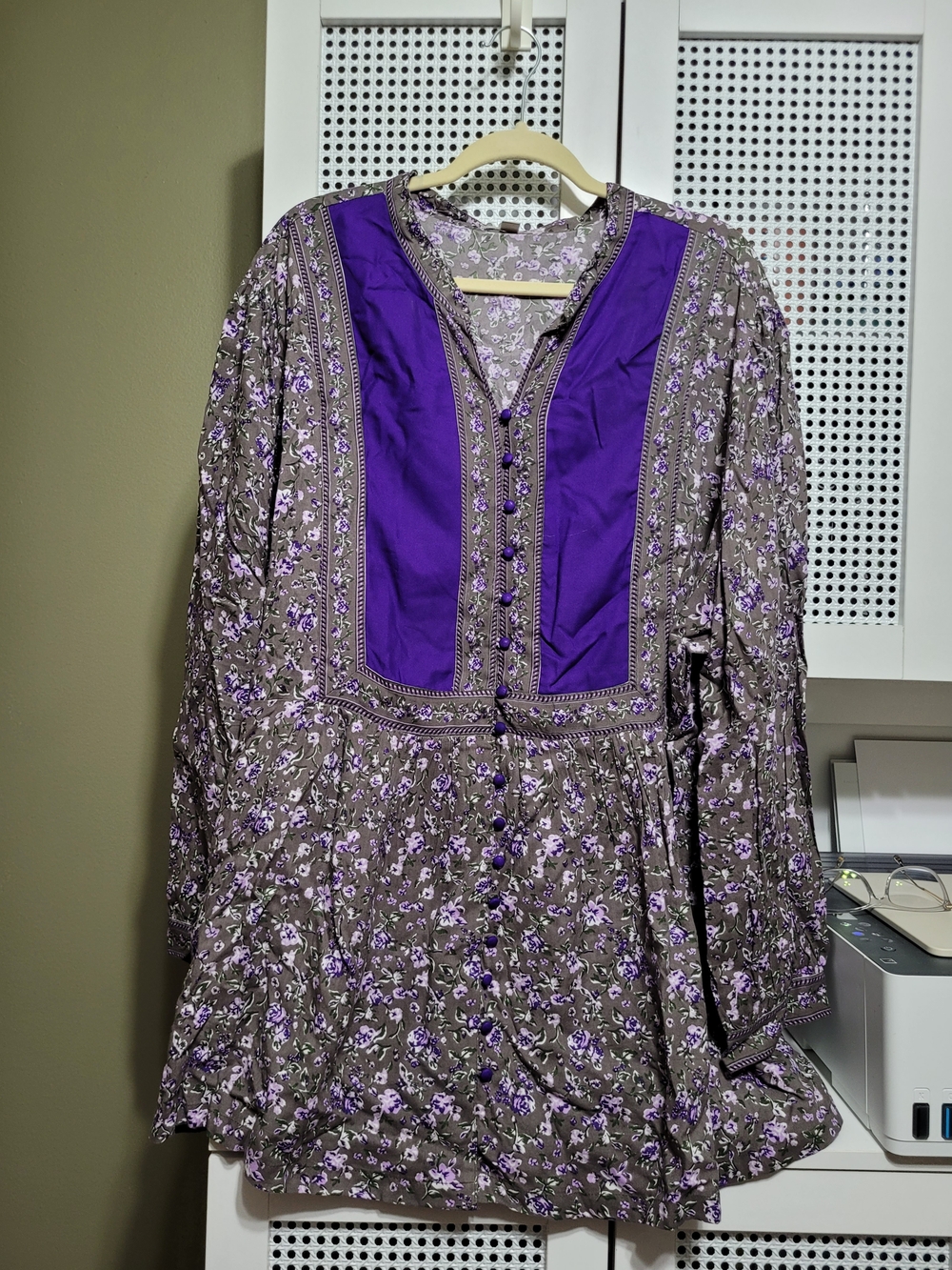 Woman Within Purple Panel Light Olive Floral Button-Front Tunic